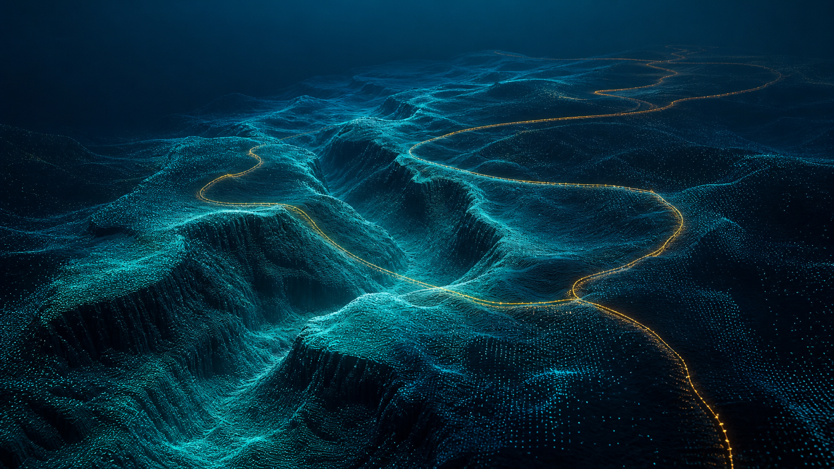 Scientific digital-twin concept showing an external mission trace across a measured submarine canyon
